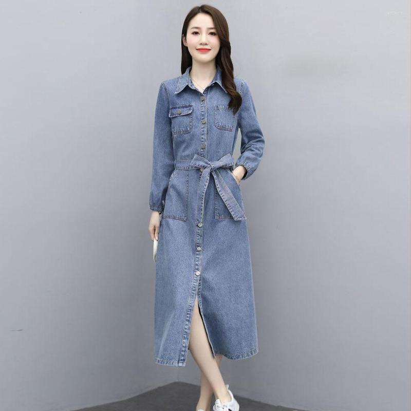 Casual Dresses Autumn Women Solid Long Sleeve Denim Dress Female Korean Turn-Down Collar Single Breasted Mid-Calf Jean Vestidos Z694, Blue
Casual Dresses Autumn Women Solid Long Sleeve Denim Dress Female Korean Turn-Down Collar Single Breasted Mid-Calf Jean Vestidos Z694, Blue