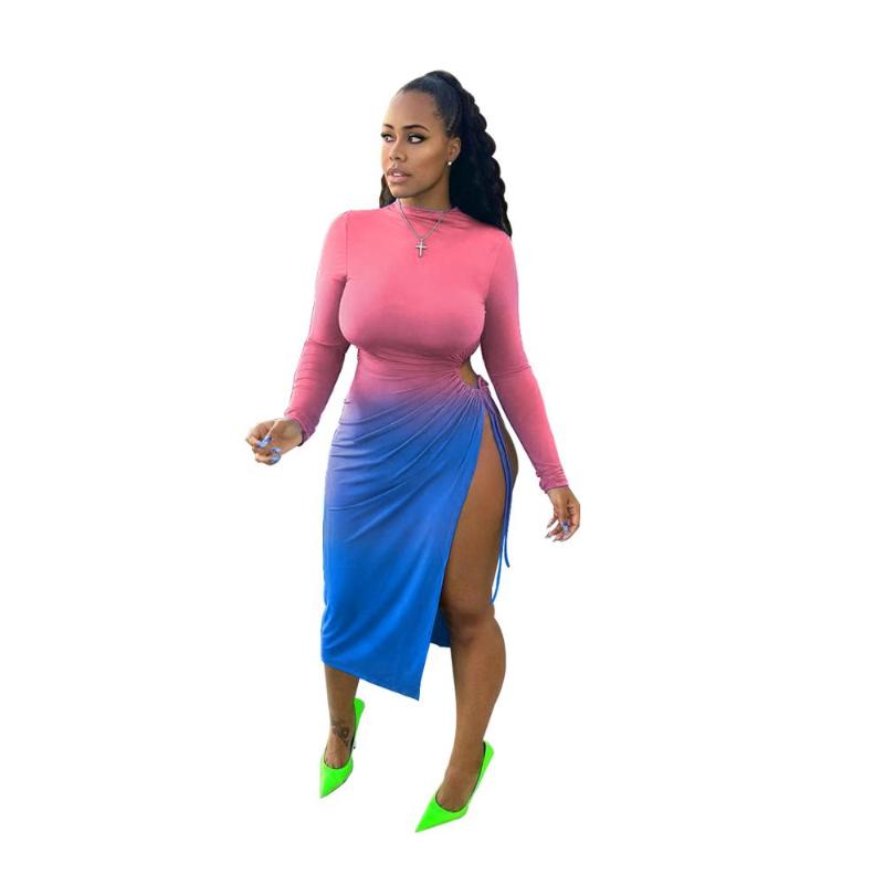 Casual Dresses Sexy Gradient Contrast High Slit Lace Up Dress For Women Elegant O Neck Long Sleeve Bandage Club Party, Pink dress
Casual Dresses Sexy Gradient Contrast High Slit Lace Up Dress For Women Elegant O Neck Long Sleeve Bandage Club Party, Pink dress