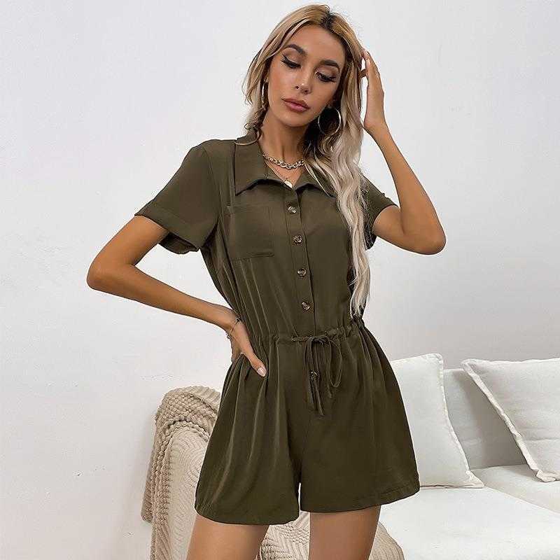 One Piece Shorts Romper Loose Short Sleeve Drawstring Green Lapel Jumpsuit, Army green 
One Piece Shorts Romper Loose Short Sleeve Drawstring Green Lapel Jumpsuit, Army green