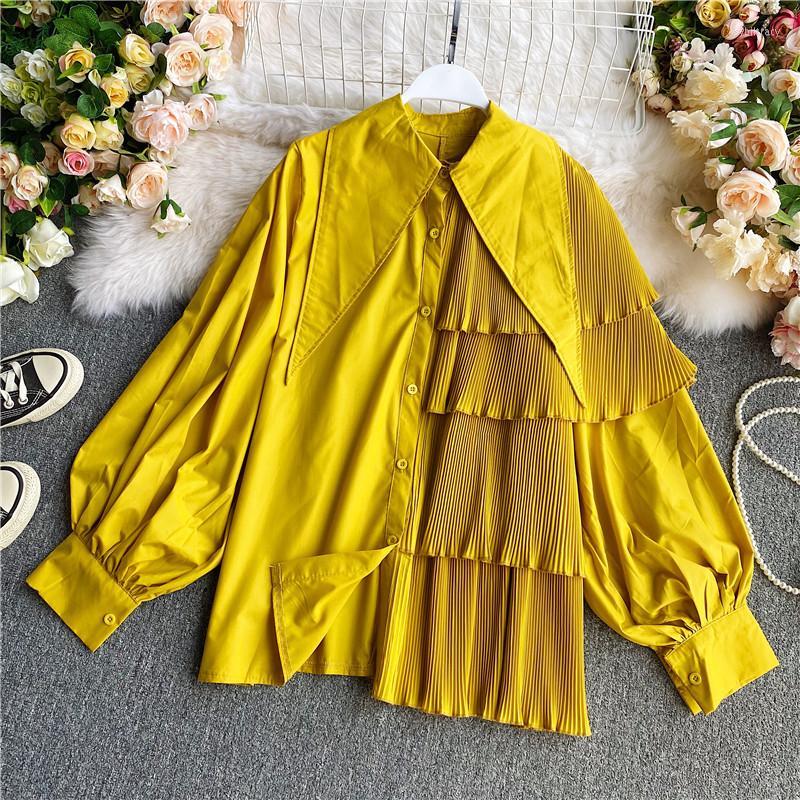Women's Blouses Irregular Long Sleeves Pleated Ruffles Loose Shirt Autumn Women's Vintage Single-Breasted Elegant Lapel White Tops, Green
Women's Blouses Irregular Long Sleeves Pleated Ruffles Loose Shirt Autumn Women's Vintage Single-Breasted Elegant Lapel White Tops, Green