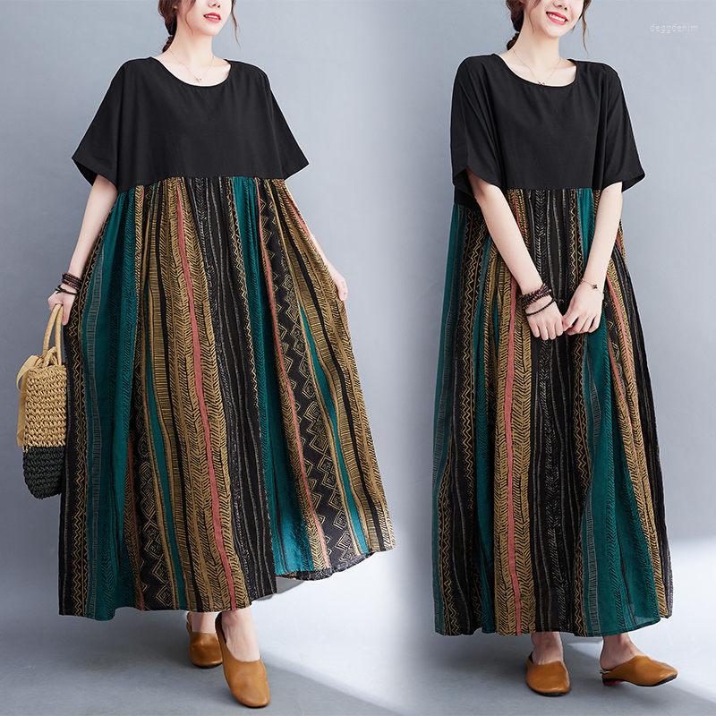 

Party Dresses 2023 Color Matching Retro Literary Long Dress Loosely Cotton And Linen Fashion Vintage Stitching Oversized Casual Robe H1771, Green spliced