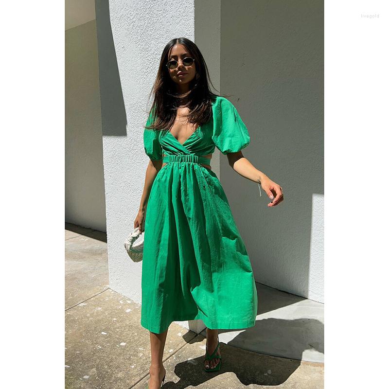 Party Dresses V Neck Waist Cut Out Elastic Cotton Green Dress Lantern Sleeve Backless Maxi Summer Elegant Ladies Long Sundress 2023
Party Dresses V Neck Waist Cut Out Elastic Cotton Green Dress Lantern Sleeve Backless Maxi Summer Elegant Ladies Long Sundress 2023