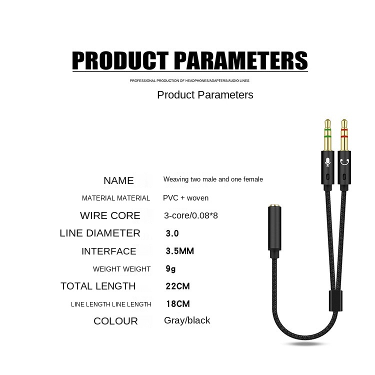3.5mm Jack Microphone Headset Audio Splitter Cable Female to 2 Male Headphone Mic Aux Extension Cables for Phone Computer