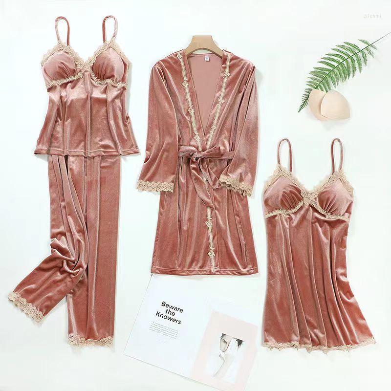 Women's Sleepwear Pajamas Sets Women V Neck Lace Edge Long Sleeves Golden Velvet 4Pcs Sleep Dress Suit Home Clothing Pyjamas, Pink
Women's Sleepwear Pajamas Sets Women V Neck Lace Edge Long Sleeves Golden Velvet 4Pcs Sleep Dress Suit Home Clothing Pyjamas, Pink