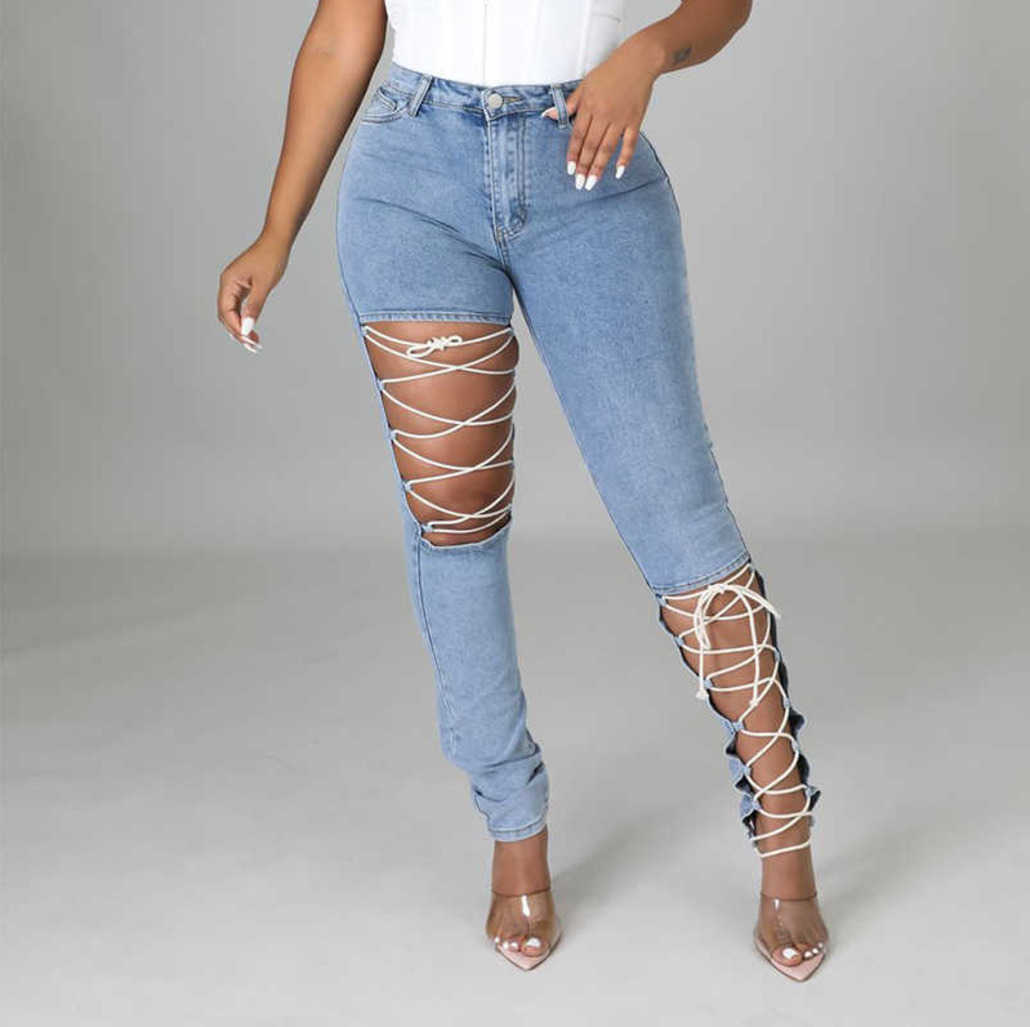 women New elastic perforated Leggings fashion creative strap distressed hole jeans, Light blue
women New elastic perforated Leggings fashion creative strap distressed hole jeans, Light blue