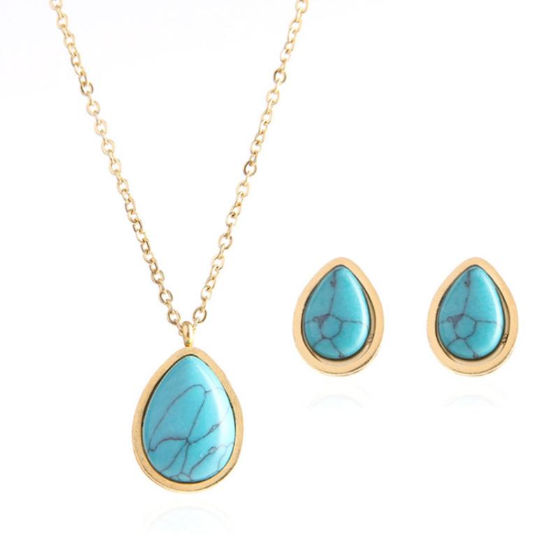 Necklace Earrings Set & FYJS Unique Gold Color Stainless Steel Green Turquoises Stone Pendant Water Drop Stud Fashion, Picture shown
Necklace Earrings Set & FYJS Unique Gold Color Stainless Steel Green Turquoises Stone Pendant Water Drop Stud Fashion, Picture shown