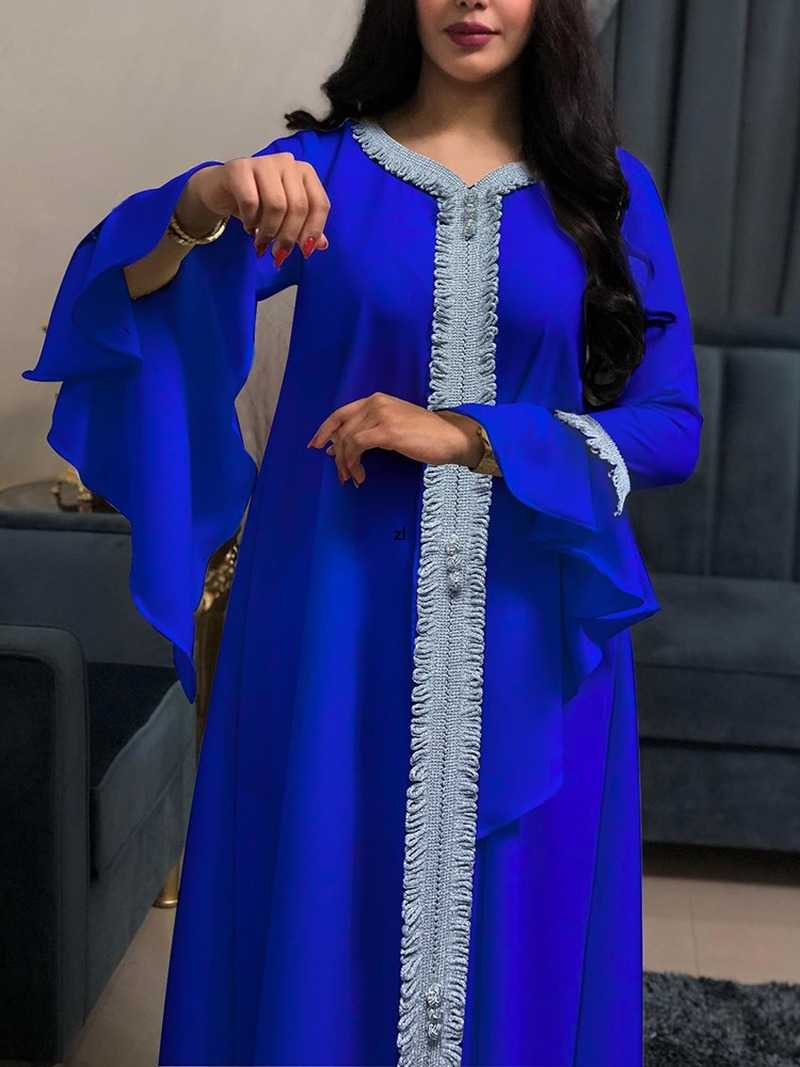Ethnic Clothing Dubai Abaya Dress Jalabiya For Women Fashion Flare Sleeve Ribbon Muslim Loose Robe Kafatan Moroco Arabic Blue WhiteEthnic
