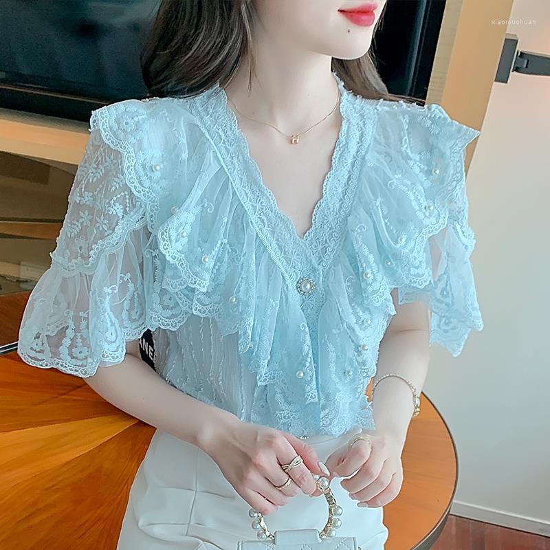 Women' Blouses Blouse Female 2023 Summer Super Embroidery Lotus Chiffon Shirt Women Loose Foreign Qi V -neck Short -sleeved Lace Top, Blue
Women' Blouses Blouse Female 2023 Summer Super Embroidery Lotus Chiffon Shirt Women Loose Foreign Qi V -neck Short -sleeved Lace Top, Blue