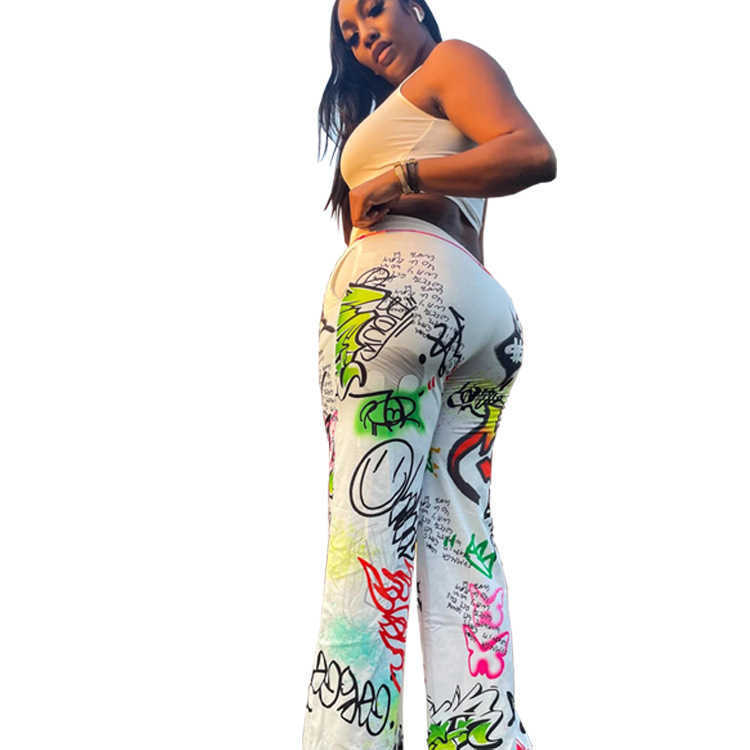 Women's pants personalized graffiti style printing loose binding wide leg casual harem flare plus sizes
