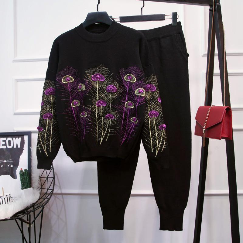Two Piece Dress Autumn Women Pullover Set Fashion Embroidery Flower Long Sleeve Knitted Sweater Harem Pants Lady Tracksuit, Black
Two Piece Dress Autumn Women Pullover Set Fashion Embroidery Flower Long Sleeve Knitted Sweater Harem Pants Lady Tracksuit, Black