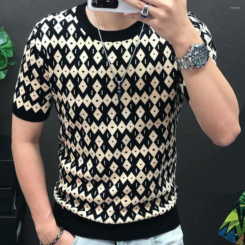 Men's T Shirts Diamond Check Contrast Knit T-Shirt High Elasticity Short Sleeve Slim Bottomed Tshirt Men Top Quality Streetwear Knitted, Black 
Men's T Shirts Diamond Check Contrast Knit T-Shirt High Elasticity Short Sleeve Slim Bottomed Tshirt Men Top Quality Streetwear Knitted, Black