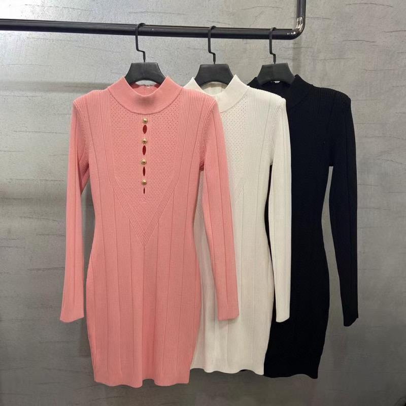 Casual Dresses Brand Designers Knit Dress 2023 Spring Gold Buttons Long Sleeve A-line Mini For WomenCasual