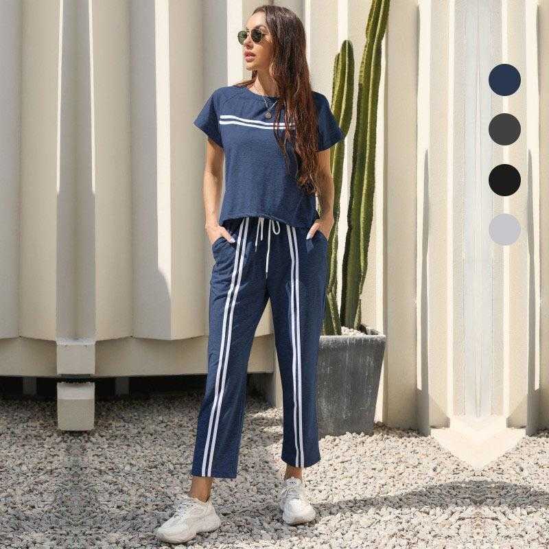 Summer Two Piece Short Sleeved Pants Striped T Shirt Casual Sports Suit For Women, Light gray
Summer Two Piece Short Sleeved Pants Striped T Shirt Casual Sports Suit For Women, Light gray