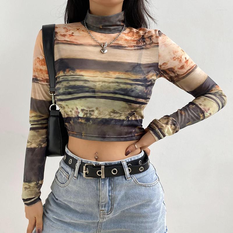 

Women' T Shirts Women Vintage Sheer Mesh Crop Tops Sexy Tie Dye Print Long Sleeve Mock Neck See Through Slim Fit T-Shirt 90s Streetwear, Picture shown