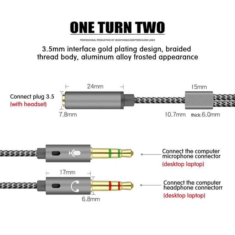 3.5mm Jack Microphone Headset Audio Splitter Cable Female to 2 Male Headphone Mic Aux Extension Cables for Phone Computer