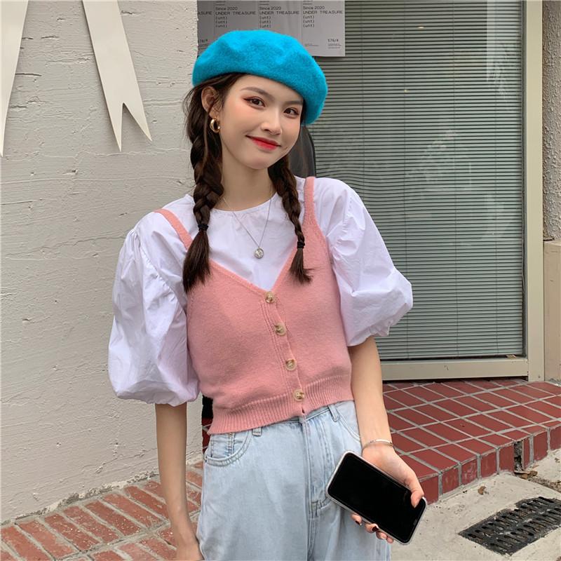 Women's T Shirts Sweet Style Puff Short Sleeve White Summer Fashion Brand Women Clothing O-neck Loose Casual Tees Two-piece Tops Ins, Pink spaghetti strap
Women's T Shirts Sweet Style Puff Short Sleeve White Summer Fashion Brand Women Clothing O-neck Loose Casual Tees Two-piece Tops Ins, Pink spaghetti strap