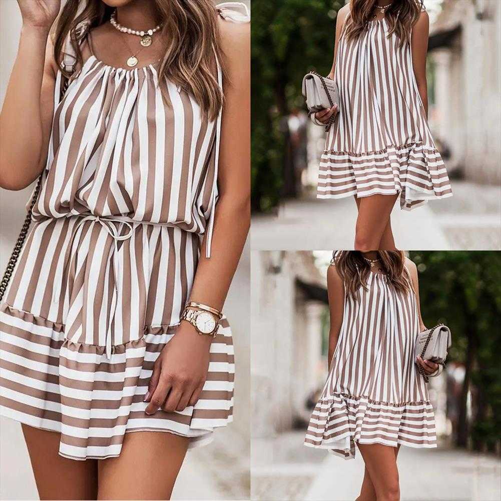 Summer Striped Printed Strap Stitching Casual Polyester Dress