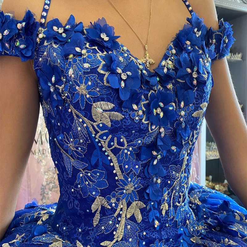 Royal Blue Quinceanera Dresses Ball Gown Sequined Beading Off The Shoulder Handmade Flowers Crystal Corset Sweet 15 Party Wear