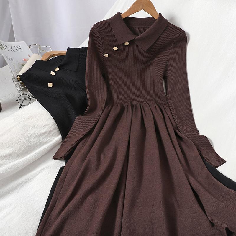 Casual Dresses Autumn Winter Versatile Breasted Pullover Lapel Knitted Long For Women Vintage A-Line Solid Elegant Dress Evestidos, Brown
Casual Dresses Autumn Winter Versatile Breasted Pullover Lapel Knitted Long For Women Vintage A-Line Solid Elegant Dress Evestidos, Brown