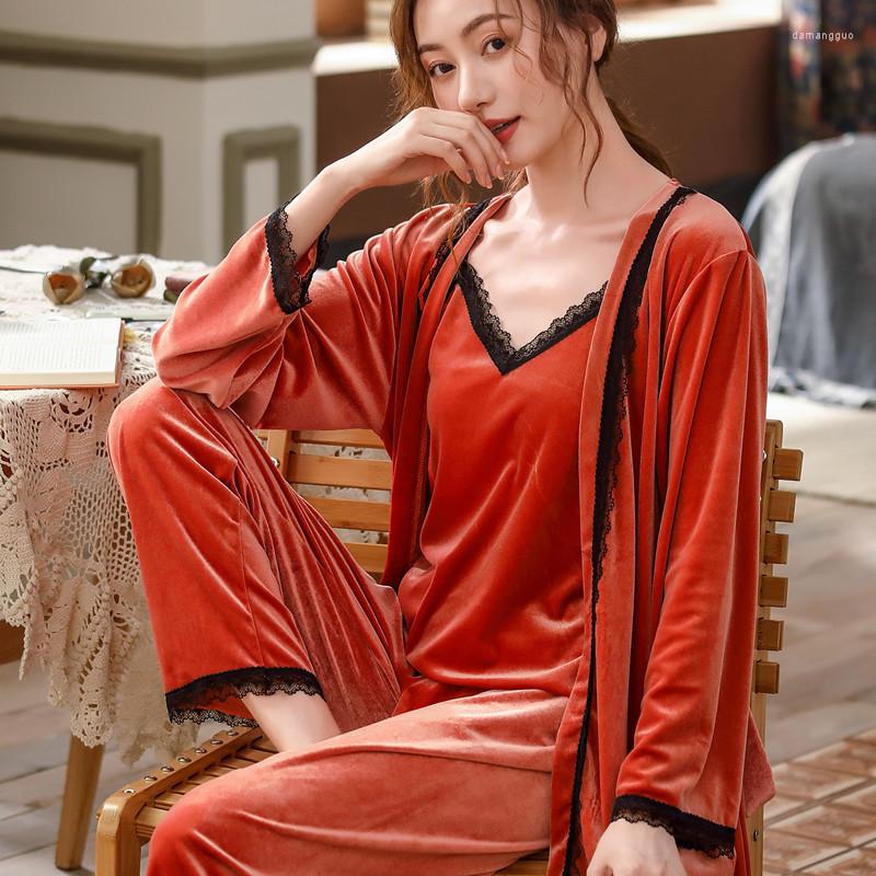 Women's Sleepwear 3PCS Pajamas Set Velvet Satin Womens Lace Nightwear Spring Strap Pyjamas Suit Female Lounge Home Wear
Women's Sleepwear 3PCS Pajamas Set Velvet Satin Womens Lace Nightwear Spring Strap Pyjamas Suit Female Lounge Home Wear