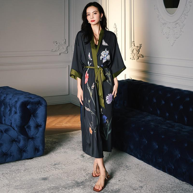 Women's Sleepwear Satin Nightgown Women Robe Print Flower Kimono Bath Gown Lace Up Bathrobe Sexy Intimate Lingerie Oversized Lounge Sleepwear 230