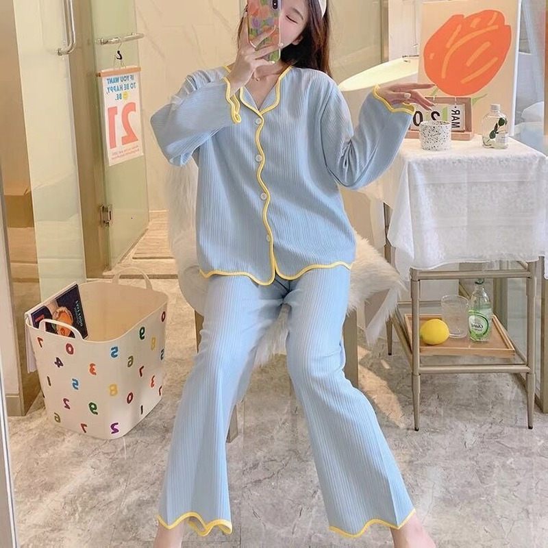Women's Sleepwear Pajama Sets Women Basic Stylish Comfortable Sweet Wavy-cut Lacework Single Breasted Cotton Loose Pajamas Sleepwear Long Sleeve 