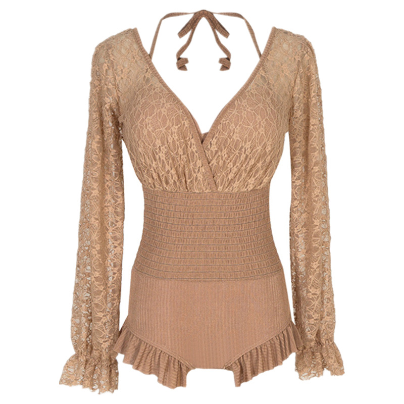Swimwear Swimsuit Long-Sleeved Summer Korean One-Piece Triangle Slimmer Look Cover Belly Small Breasts Conservative Sunscreen for Women F328, Brown 
Swimwear Swimsuit Long-Sleeved Summer Korean One-Piece Triangle Slimmer Look Cover Belly Small Breasts Conservative Sunscreen for Women F328, Brown