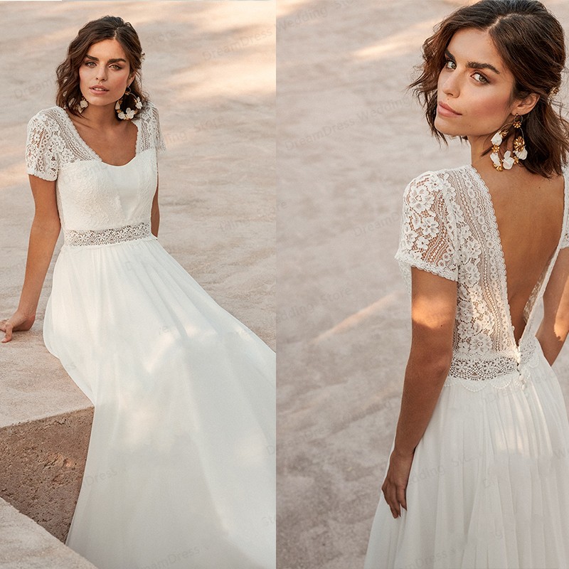 White Wedding Dress For Women Brides 2026 Simple Boho Chiffon Floor Length Robe De Mariee Short Sleeve Backless Bohemian