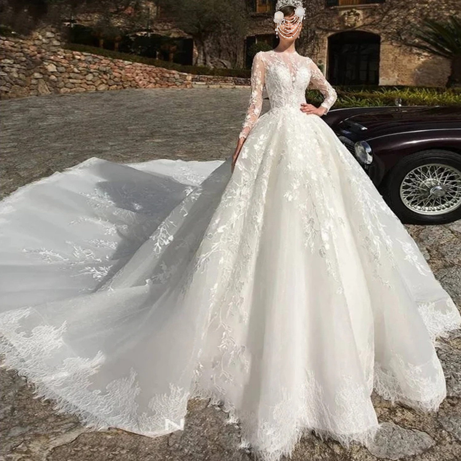 Sleeves Long Wedding Dresses Bridal Gown Jewel Neck Lace Applique Sweep Train Custom Made Tulle Beach Plus Size Vestido De Novia