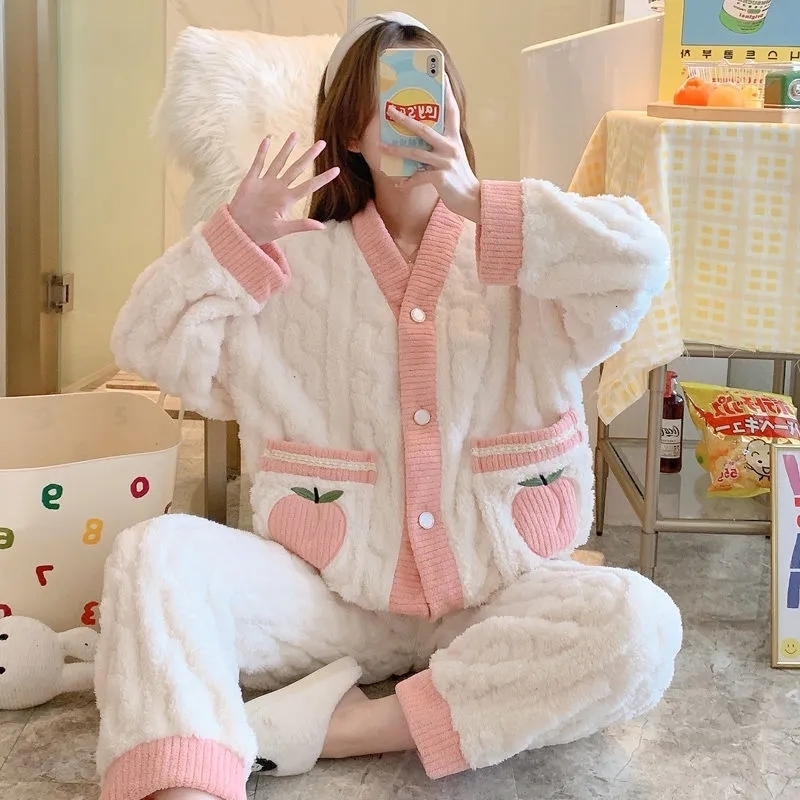 Women's Sleepwear Winter Women Pajamas Set Turn-down Collar Sleepwear Warm Flannel Pajama Casual Mom Sleepwear Pyjamas Homewear Cloth 230227