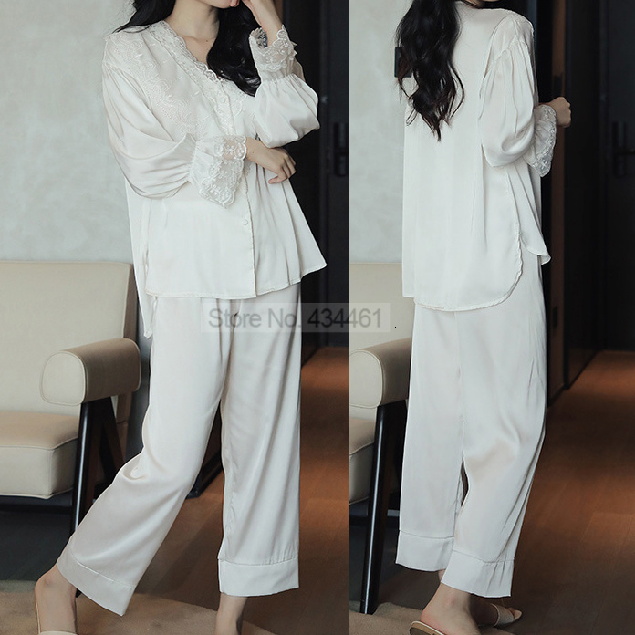 Women's Sleepwear Patchwork Satin Pajamas Suit Sleepwear With Lace Women Nightgown Button-down Pyjamas Pour Femme Nightwear Casual Home Wear 2302