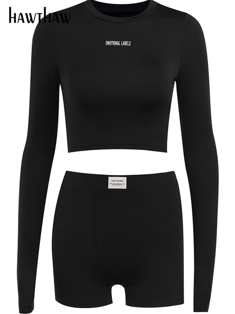 Womens Two Piece Pants Hawthaw Women Long Sleeve Crop Tops Shorts Pants Two Piece Sets Tracksuit Autumn Clothes Wholesale Items For Business 230227wtt