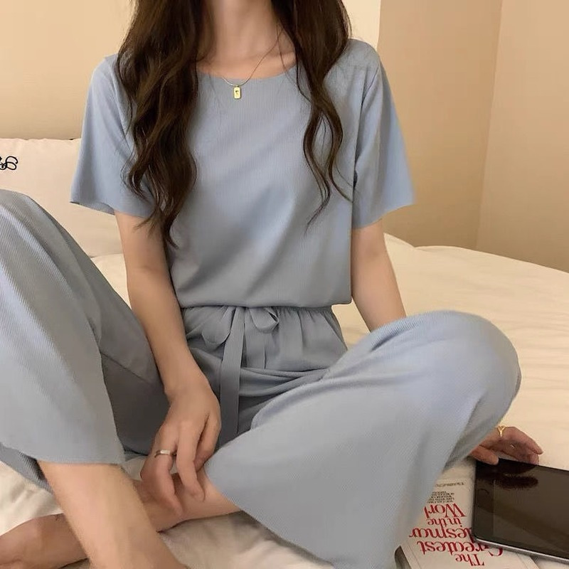 Women's Sleepwear Summer Suit for Women French Solid Color Ice Silk Sleepwear Pajamas Two Piece Set Home Wear Nightwear Comfortable Pyjamas 23022