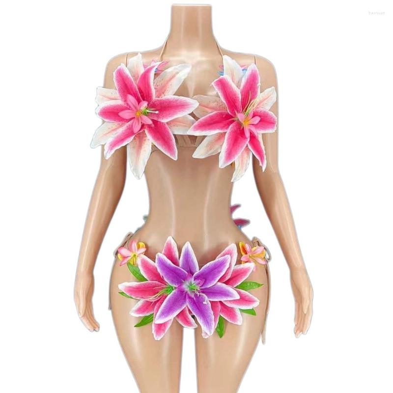 Stage Wear Sexy Flower Halter Bikini Sets For Women Carnival Drag Queen Outfits Party Club Celebration Clothing Showgirl Costumes