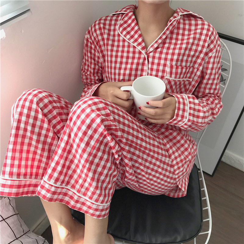 Women's Sleepwear Korean Style Women Plaid Print Pajamas Set Full Sleeve TopsLong Pants 2 Pieces Suit Casual Loose Sleepwear Lounge Wear 230227