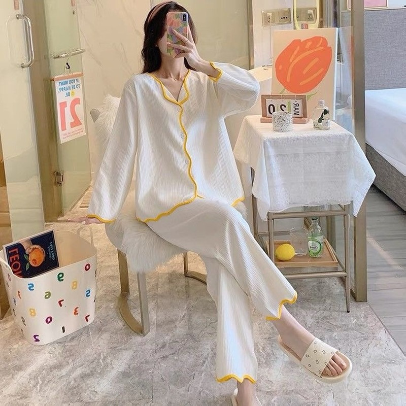 Women's Sleepwear Pajama Sets Women Basic Stylish Comfortable Sweet Wavy-cut Lacework Single Breasted Cotton Loose Pajamas Sleepwear Long Sleeve 