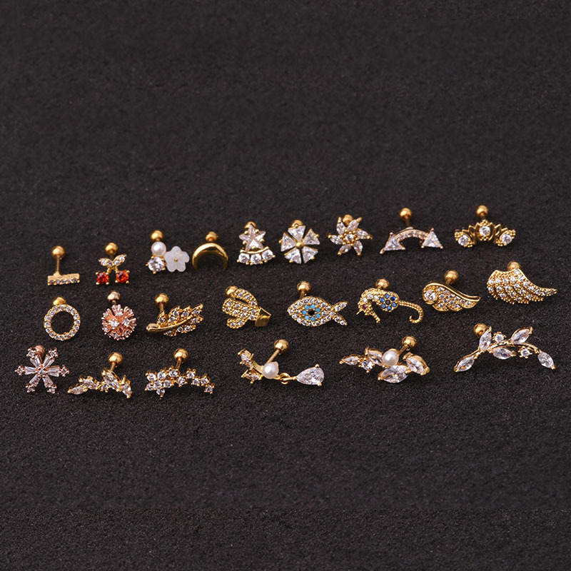 1Pc Rose gold Stainless Steel Helix Fashion Animal Plant Cz Ear Lobe Tragus Daith Cartilage Screw Back Earring Stud