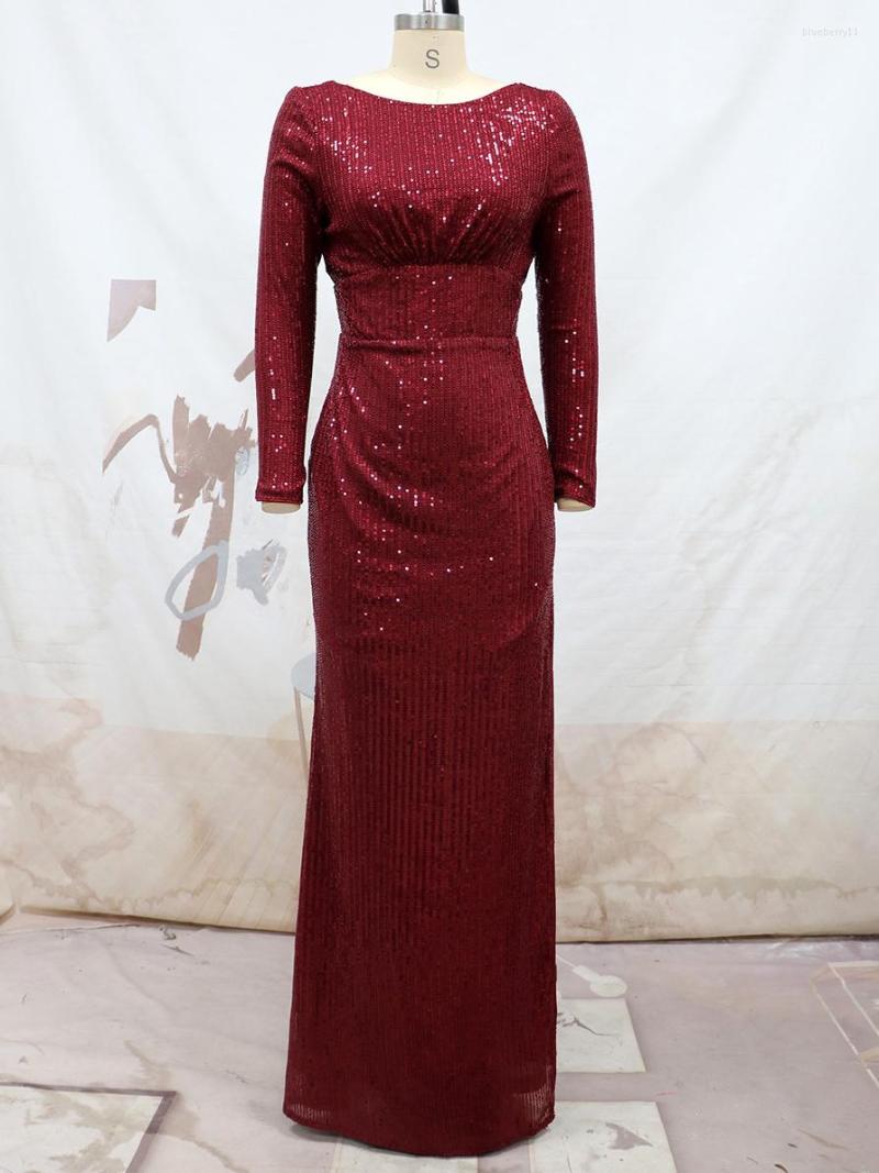 Casual Dresses 2023 Spring Luxury Evening For Women Wine Red Sequins O-neck Backless Long Sleeve Bodycon Slit Formal Party Robe