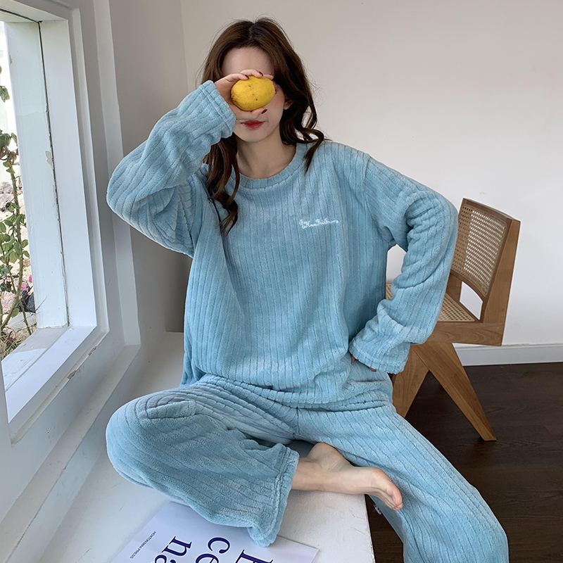 Women's Sleepwear Autumn Winter Warm Flannel Women Pyjamas Sets Thick Long Sleeve Soild Sleepwear Pajamas Set Home Clothing Suit Homewear 230227