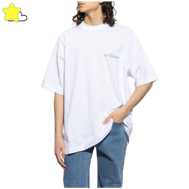 Men's TShirts 2023 Style Blue Cursive Letter Vetements T Shirt Men Women Heavy Fabric Cotton VTM Top Back Embroidered Tee 230225