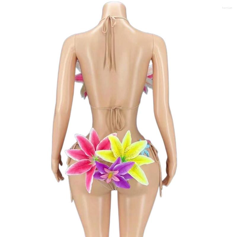 Stage Wear Sexy Flower Halter Bikini Sets For Women Carnival Drag Queen Outfits Party Club Celebration Clothing Showgirl Costumes