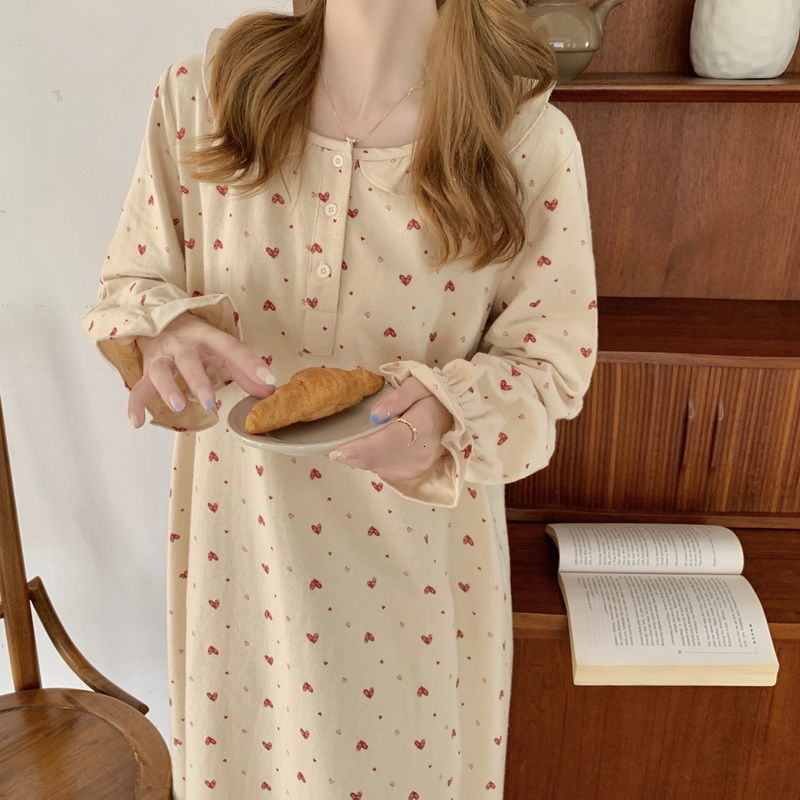 Women's Sleepwear Long Nightgowns Women Sweet Flare Sleeve Ruffles Heart-printed Lovely Mid-calf Nightie Loose Sleepwear Gentle Students Comfort 