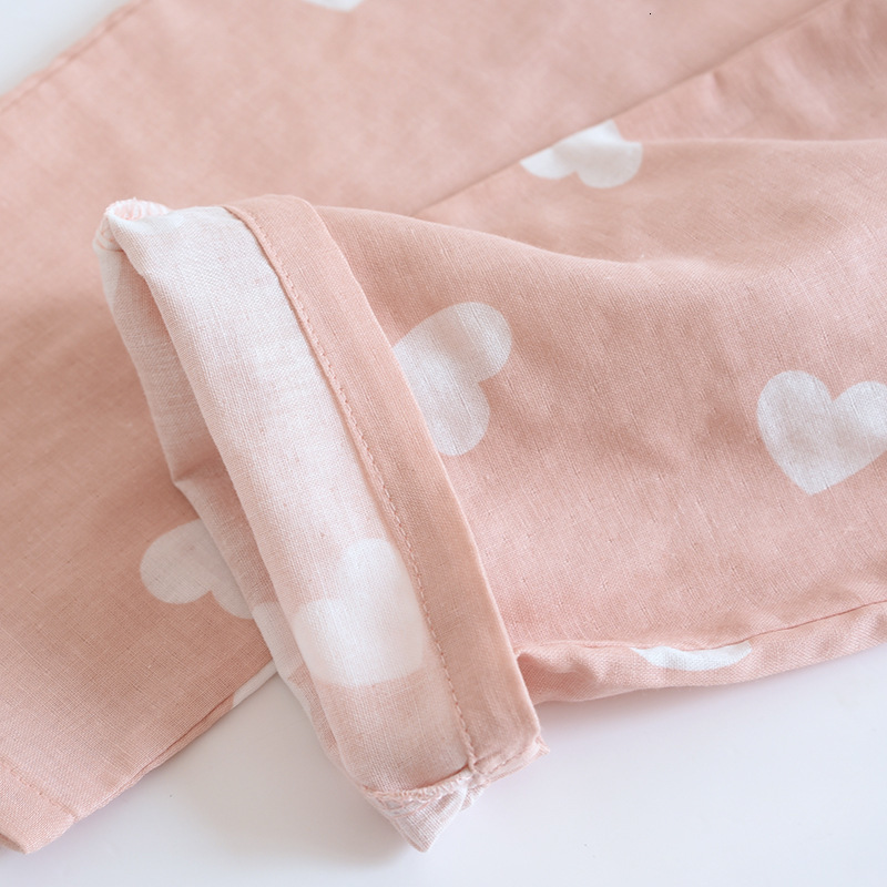 Women's Sleepwear spring and summer women's pajamas three-piece set short sleeves shorts trousers 100%cotton gauze love print homewear set 2