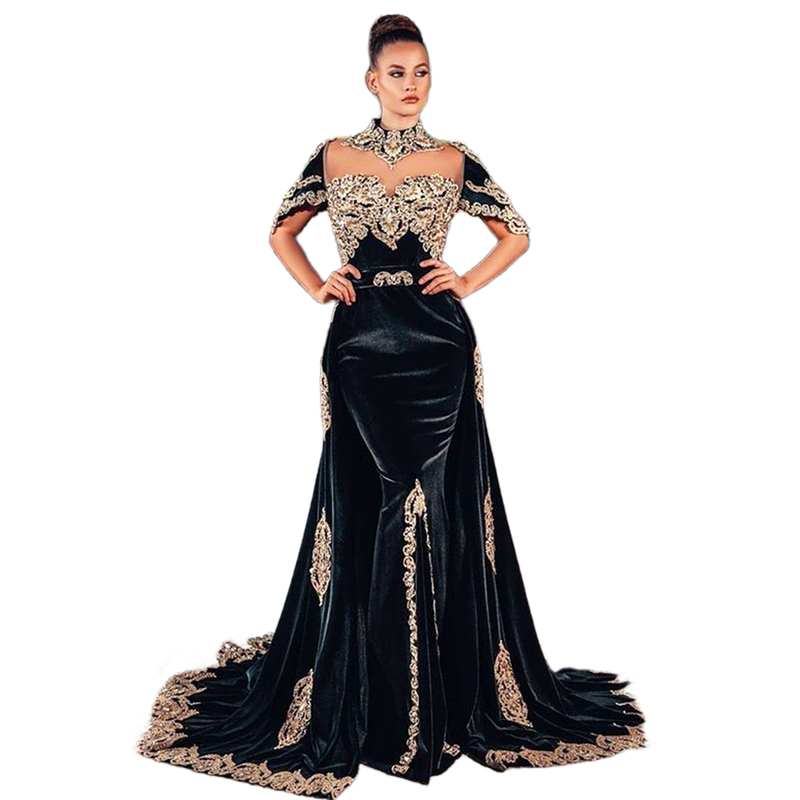 2026 Elegant Arabic Kaftan Mermaid Evening Dresses Black Formal Party Gowns With Detachable Overskirt High Neck Gold Lace Long Dubai Moroccan Caftan P