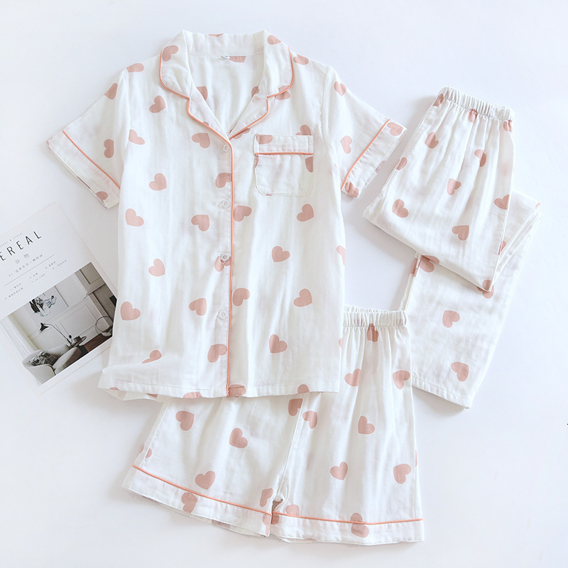 Women's Sleepwear spring and summer women's pajamas three-piece set short sleeves shorts trousers 100%cotton gauze love print homewear set 2