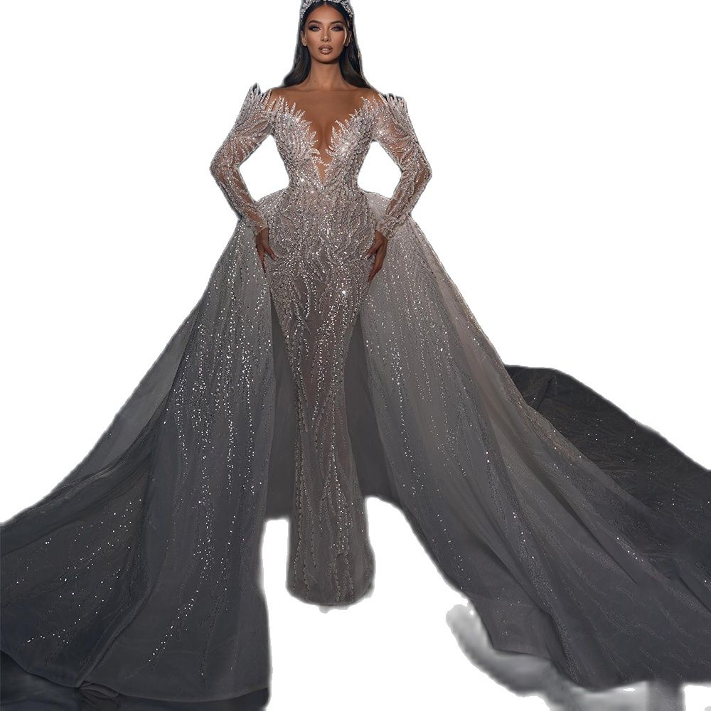 Cystal Beading Vintage Mermaid Wedding Dress Off Shoulder Long Sleeve P Africa Bridal Gowns With Detachable Train 0213