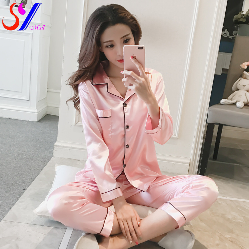 Women's Sleepwear Womens Silk Satin Pajamas Pyjamas Set Sleepwear Pijama Pajamas Suit Female Sleep Two Piece Set Women's Loungewear Plus Siz
