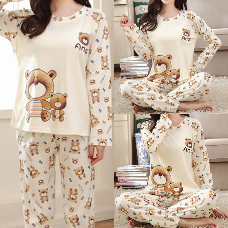 Women's Sleepwear Women's Pajamas Set Spring and Autumn Thin Pajamas Pants Suit Cute Cartoon Pattern Cotton Pajamas 2 Pieces Bathrobe Home W