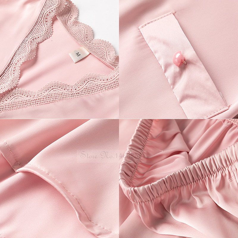 Women's Sleepwear Women Sexy Sleepwear Satin Pyjamas Silky 2 Piece Pajamas Set Loungewear Casual Solid Nightwear Shirt Pants Spring Bathrobe 2302