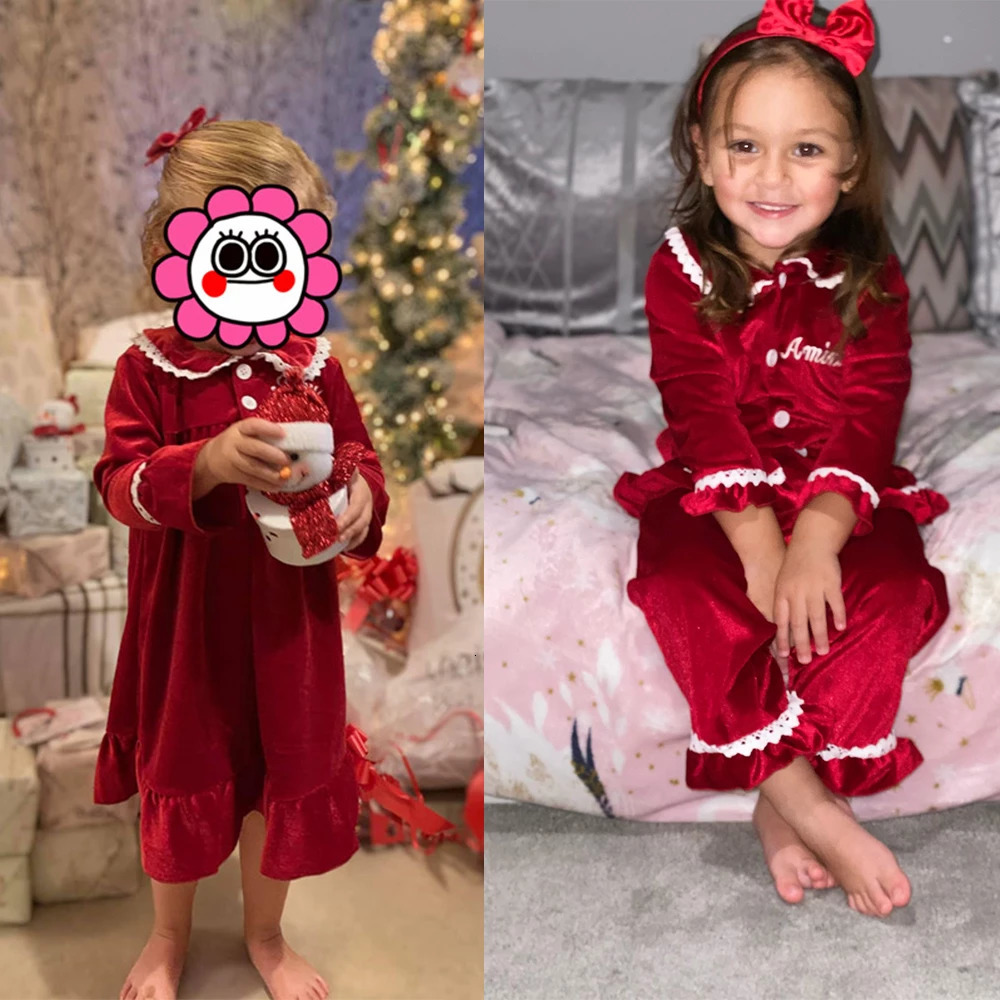 Pajamas Baby Christmas Pajamas Sets Winter Velvet Red With Lace Custom Sleepwear Kids Boys And Girls Pyjamas 230227